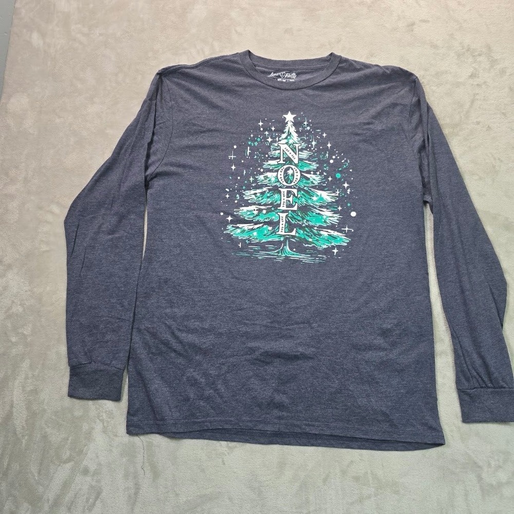Love & Faith Noel Christmas Tree Graphic Long Sleeve Tee Heather Charcoal Gray L